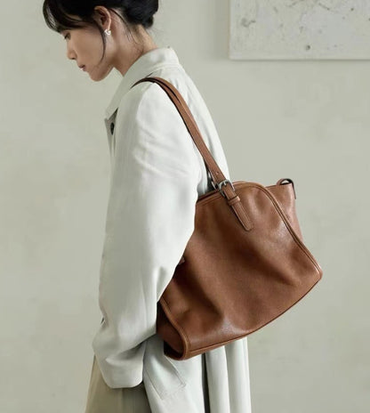 ⑳ HANDMADE Vegetable Tanned Head Layer Cowhide Yuanbao Bag Handbag Crossbody Bag Retro Genuine Leather Large Capacity Commuter Bag Female