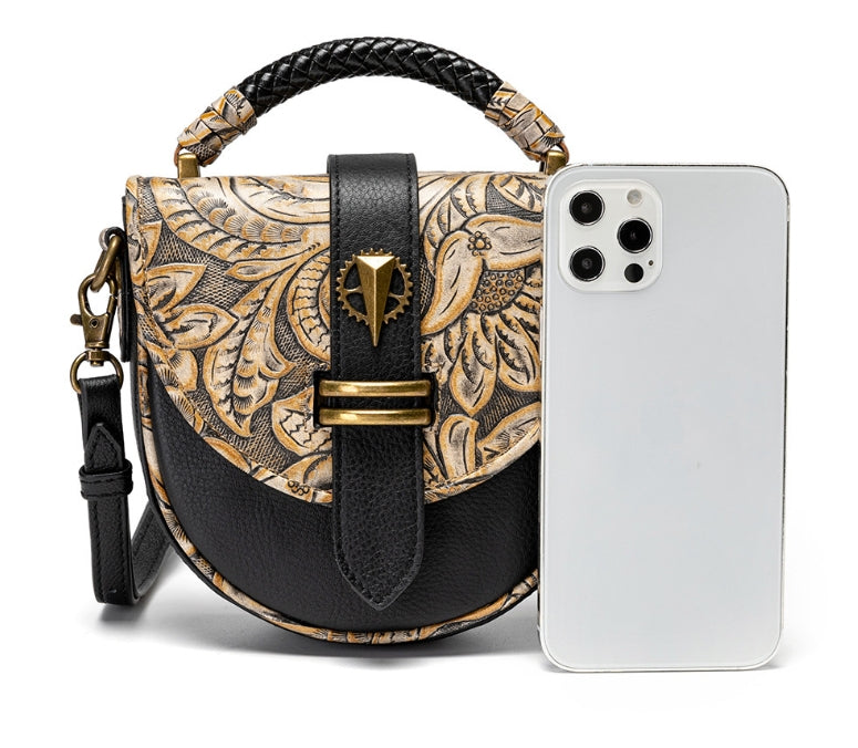 ㉞ HANDMADE Vintage Cell Phone Bag Niche Design Leather Women's Shoulder Crossbody Bag Embossed Tote Bag